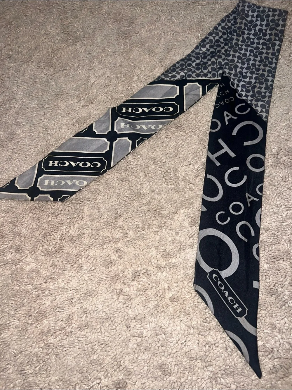 Coach Signature Logo Silk Skinny Scarf Bag Scarf Black and Gray